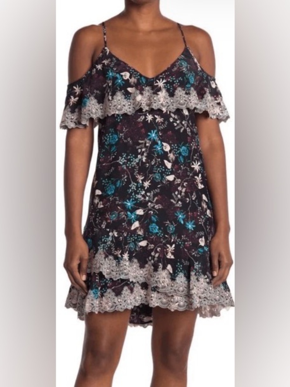 Parker Black Floral Silk Dress with Teal & Blush Accents and Crochet Design Trim